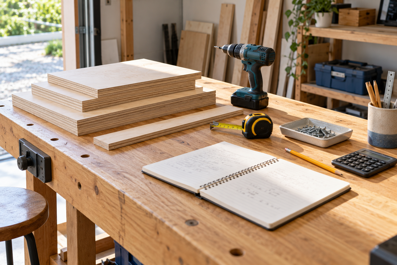 Plywood, a cordless drill, screws, and a notebook arranged for project planning