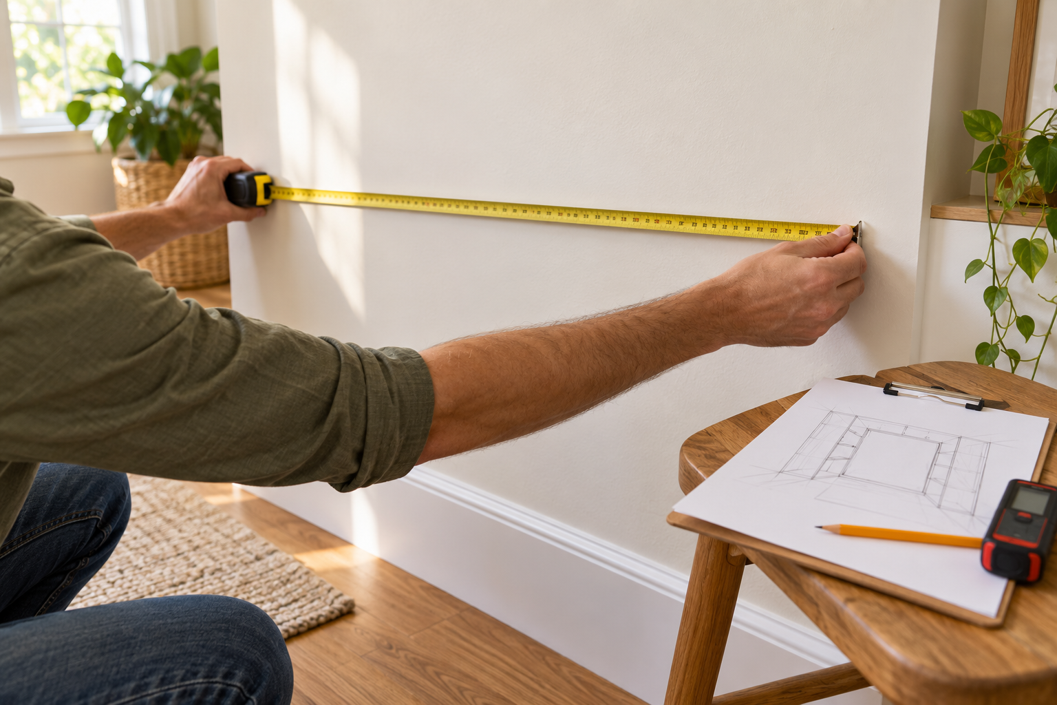 A homeowner measuring a wall beside a room sketch and measuring tools