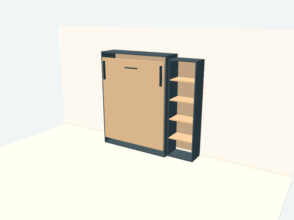 A 3D Murphy bed opening and closing beside a bookcase