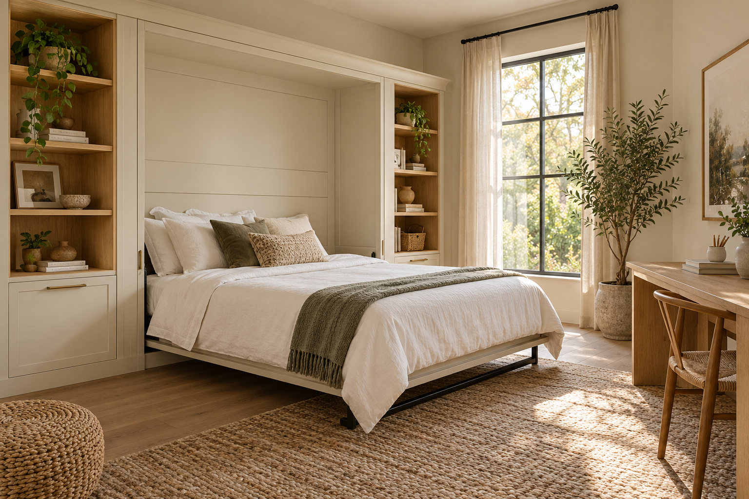 An open Murphy bed surrounded by built-in storage in a warm guest room